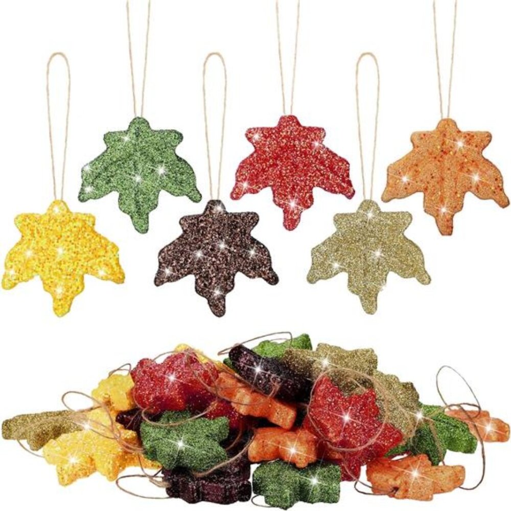 New 36 Pcs Thanksgiving Maple Ornaments Fall Glitter Leaf Hanging Decor Mini